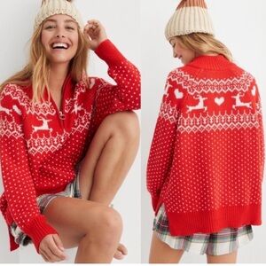 Aerie Red and White Holiday Fair Isle Sweater Size Large